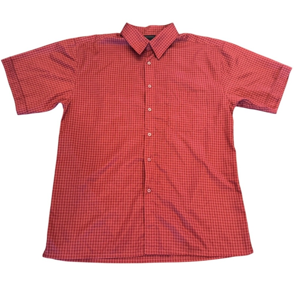 Contemporary Mens Red Grid Short Sleeve Button Down Shirt Vintage Size M